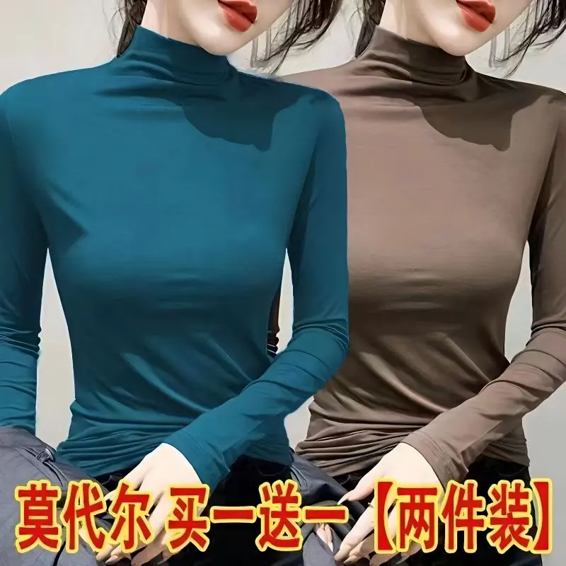 Áo Lớp Nền Cổ Lọ Nửa, Bộ Đơn / Hai Mảnh, Áo Phông Dài Tay, Dành Cho Nữ, Mùa Xuân Và Mùa Thu, Phong Cách Hàn Quốc Mới, Đáy Vừa Vặn, Quần Áo Hàng Đầu, Áo Nữ