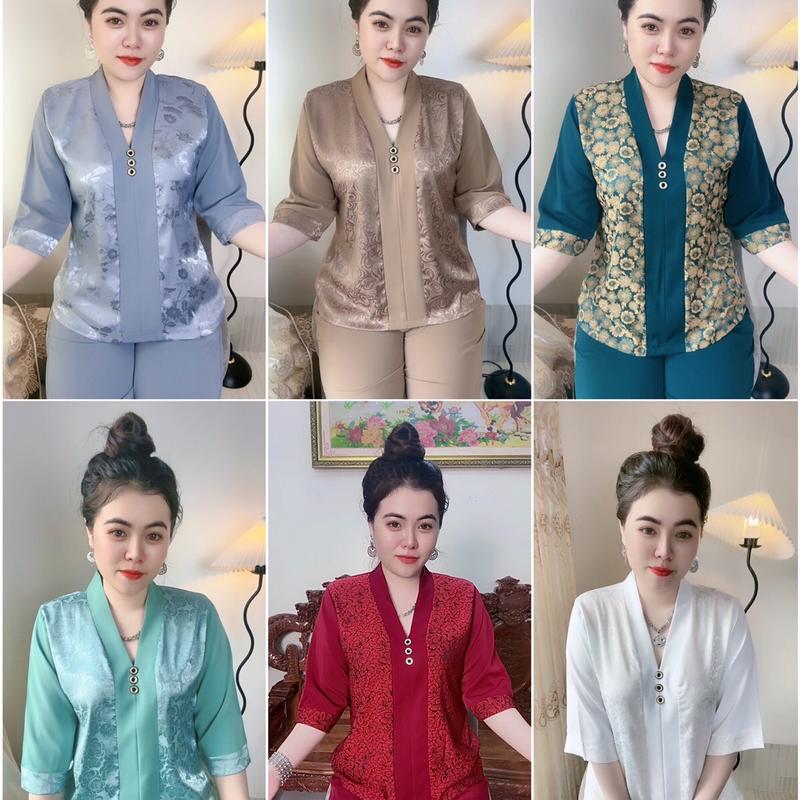 Bộ thiết kế trung niên cổ bài lai GẤM PHỐI LỤA, tay lỡ quần dài, bộ gồm áo và quần, thiết kế sang trọng cho chị em phụ nữ, món quà ý nghĩa tặng Mẹ tặng Bà, người thân.