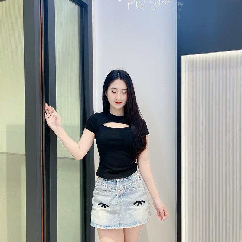 PQ12 - Áo cộc tay hở ngực chất bozip dáng ôm Thun Nữ  Cotton