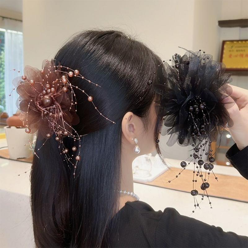 Product Introduction of Fashion Black Mesh Flower Hair Clip Women Shark Ponytail Clip Headdress Temperament Flower Hair Claw Headwear 12