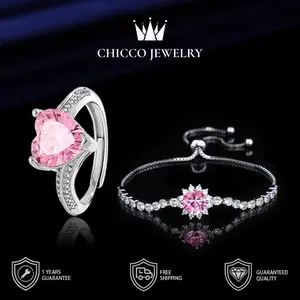 Set Perhiasan Cincin Wanita Berlian Hati Merah Muda & Gelang Zircon 2 Karat Gaya Modis Serbaguna Hadiah Romantis CHICCO Anti Karat Anti Luntur Anti Perubahan Warna Kualitas Tinggi Grade VVS1 5A Garansi 1 Tahun Dukungan COD 155+SL09