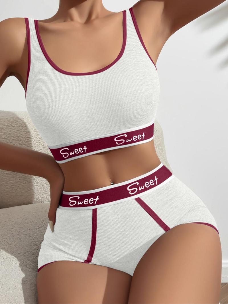 Product Introduction of Women's Letter Tape Contrast Binding Bra & High Waist Panty Set, Fashion Soft Comfortable Breathable Bra & Underwear Set, Lingerie Set for Women 6