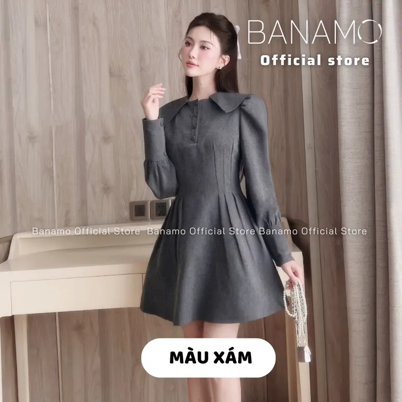 Váy nữ BIGSIZE Banamo Fashion đầm dài tay dáng xòe thiết kế chiết eo cổ ve tiểu thư thanh lịch 5903 7