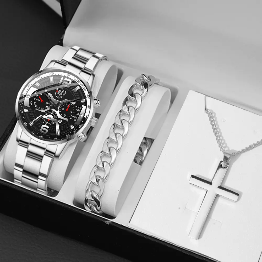 3pcs  Men's Watch Bracelet Necklace Set Stainless Steel Strap Round Dial Watches No BoxWrist watchSimplicity
