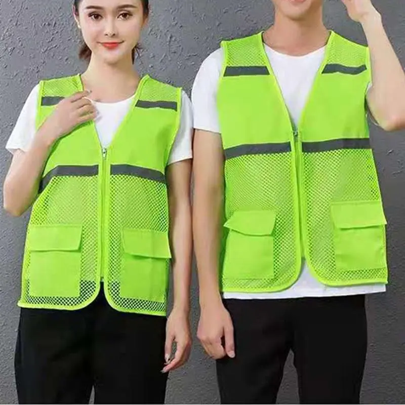 เสื้อกั๊กเซฟตี้ สะท้อนแสง วัสดุตาข่าย มุมมองสูง ซิป เหมาะสำหรับผู้ชายและผู้หญิง มีกระเป๋า เสื้อกั๊กทำงาน