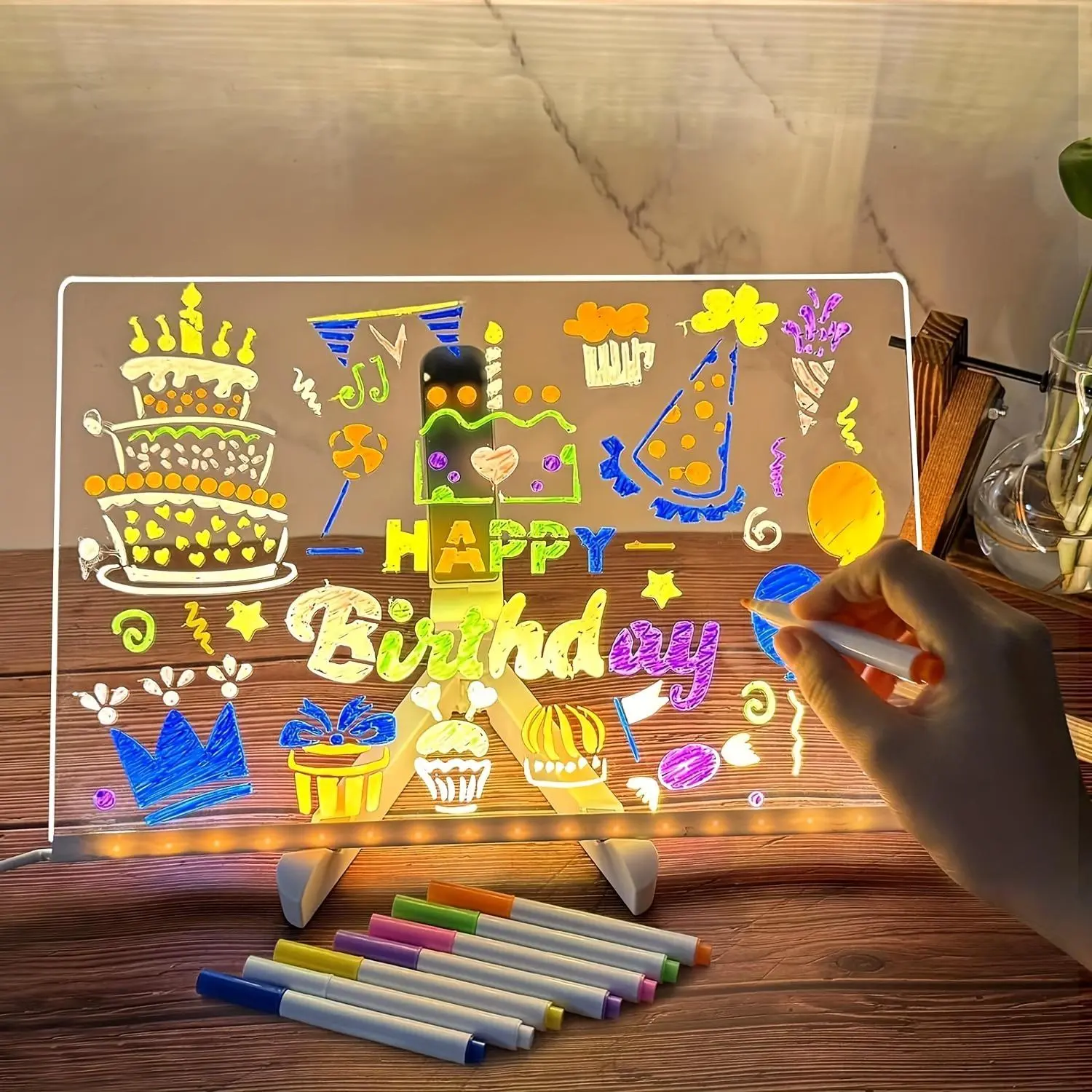 Rewritable Acrylic Message Board, 1/8 Counts USB Powered Illuminated Dry Erase Board with Stand & Markers & Rags, LED Display Board, School Supplies, Sassy Gifts