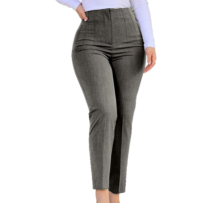 Jianmeje High Waist Pleated Pockets Ninth-Length Women Trousers Solid Color Straight Leg Suit Pants 3