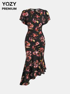 YOZY Women's Floral Print Ruched Asymmetrical Dress, Elegant Zipper Round Neck Long Sleeve Dress for Party Holiday Wedding Guest, Ladies Clothes for All Seasons