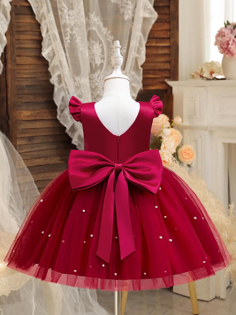 Product Introduction of Girl's Faux Pearls Decor Big Bow Round Neck Dress, Elegant Sleeveless Contrast Mesh Dress for Party Wedding Guest, Kids Summer Clothes 4