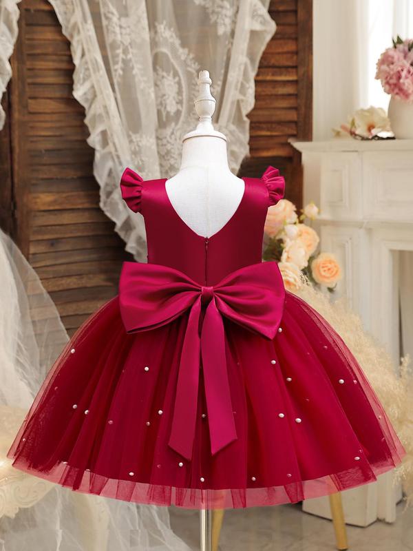 Girl's Faux Pearls Decor Big Bow Round Neck Dress, Elegant Sleeveless Contrast Mesh Dress for Party Wedding Guest, Kids Summer Clothes 3