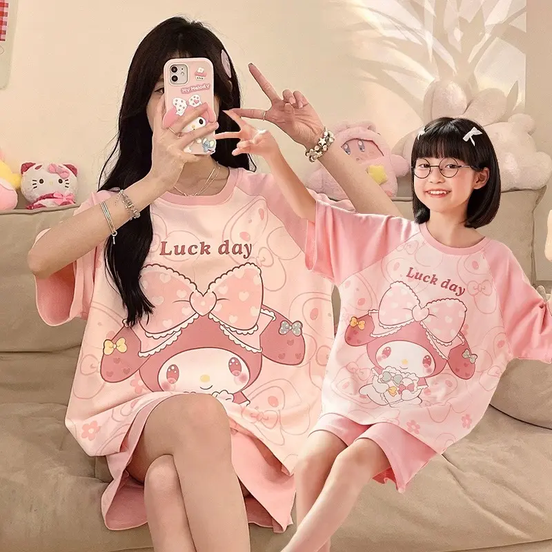 Bộ đồ ngủ trẻ em Happy cho bé gái 2024 mùa hè - 6 màu, cotton nguyên chất, tay ngắn bộpolobégái có thể giặt máy vừa in vừa in đồbộquầnsọccaro 12tuổi bộđồ blackpink 0