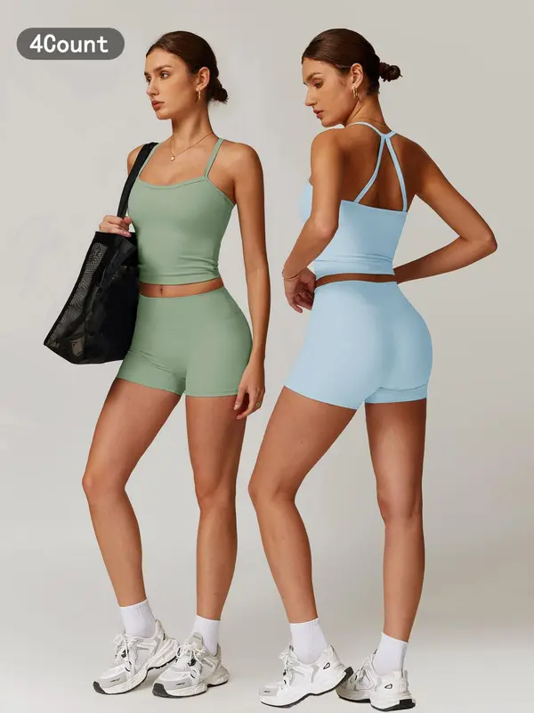 Women's Cami Top & Shorts Fitness Sportswear Set, Sporty High Stretch Sleeveless Top & Shorts, Ladies Sportswear for Outdoor Wear, Tracksuit for Women, Workout Sets Women, Gym Wear, Clothing, Activewear, Workout Running Clothes, Sporty Style Clothes 8
