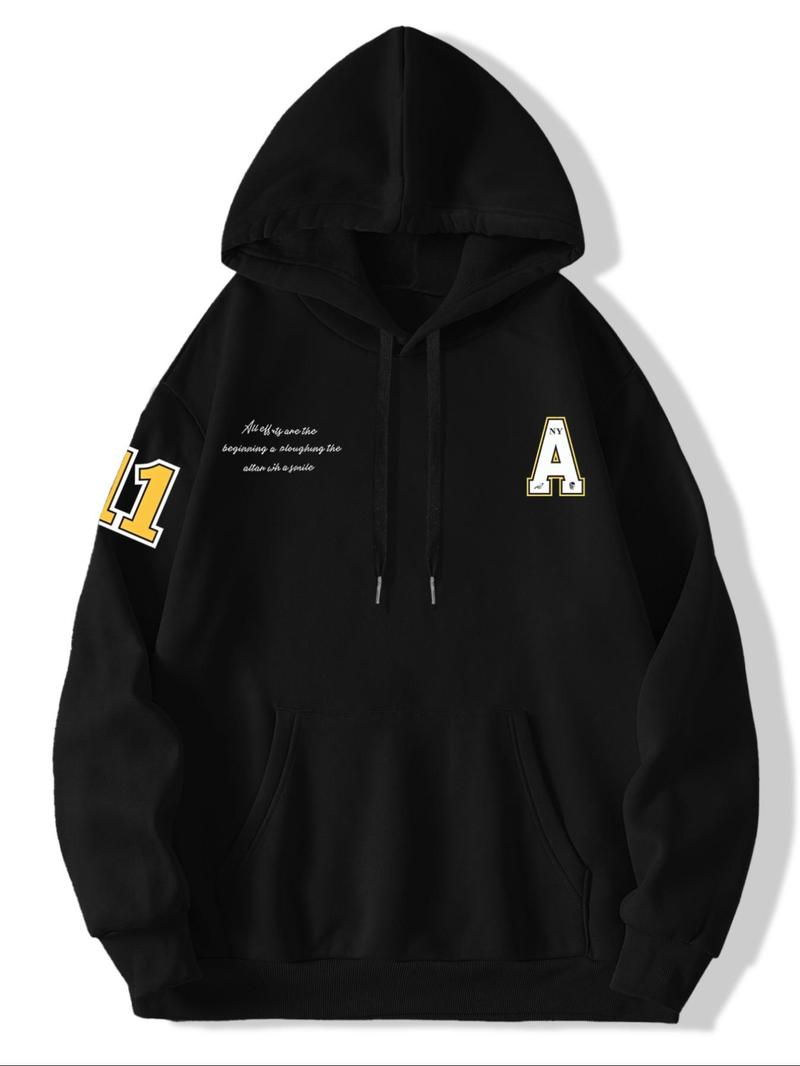 Product Introduction of Men's Letter & Number Print Drop Shoulder Hoodie, Fashion Casual Regular Fit Drawstring Pocket Hooded Sweatshirt for Daily Holiday Outdoor Wear, Men Clothes for Spring & Fall 3