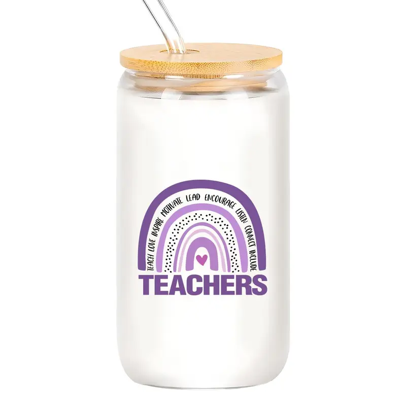 16oz Glass Cup, 1 Count Letter Pattern Glass Cup with Straw & Brush, Drinking Cup for Home Office School, Gift for Teacher 2