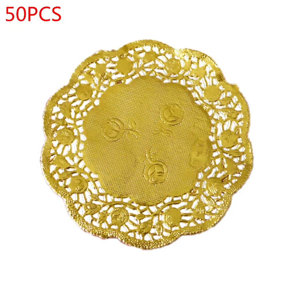 50Pcs 3.5 Inch Hollow Floral Round Lace Paper Doilies Party DIY Gold Placemat