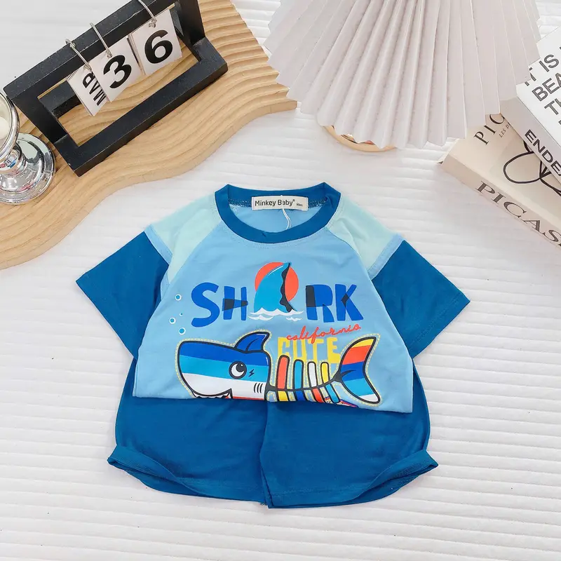 [ FREE SHIP] Full Size(9-26kg) Bộ Áo + Quân Cộc Minkey Baby Chất Thun Lạnh In Họa Tiết Cá Heo - Hươu Dể Thương Cho Bé Trai -Bé Gái ,Đồ Bộ Cho Bé Minkey Baby ,Minky Mom 1