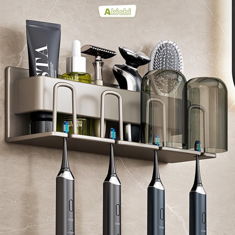 Kệ bàn chải đánh răng AKICHI kèm cốc dán tường bằng keo không cần khoan chất liệu Nhôm chống gỉ sét