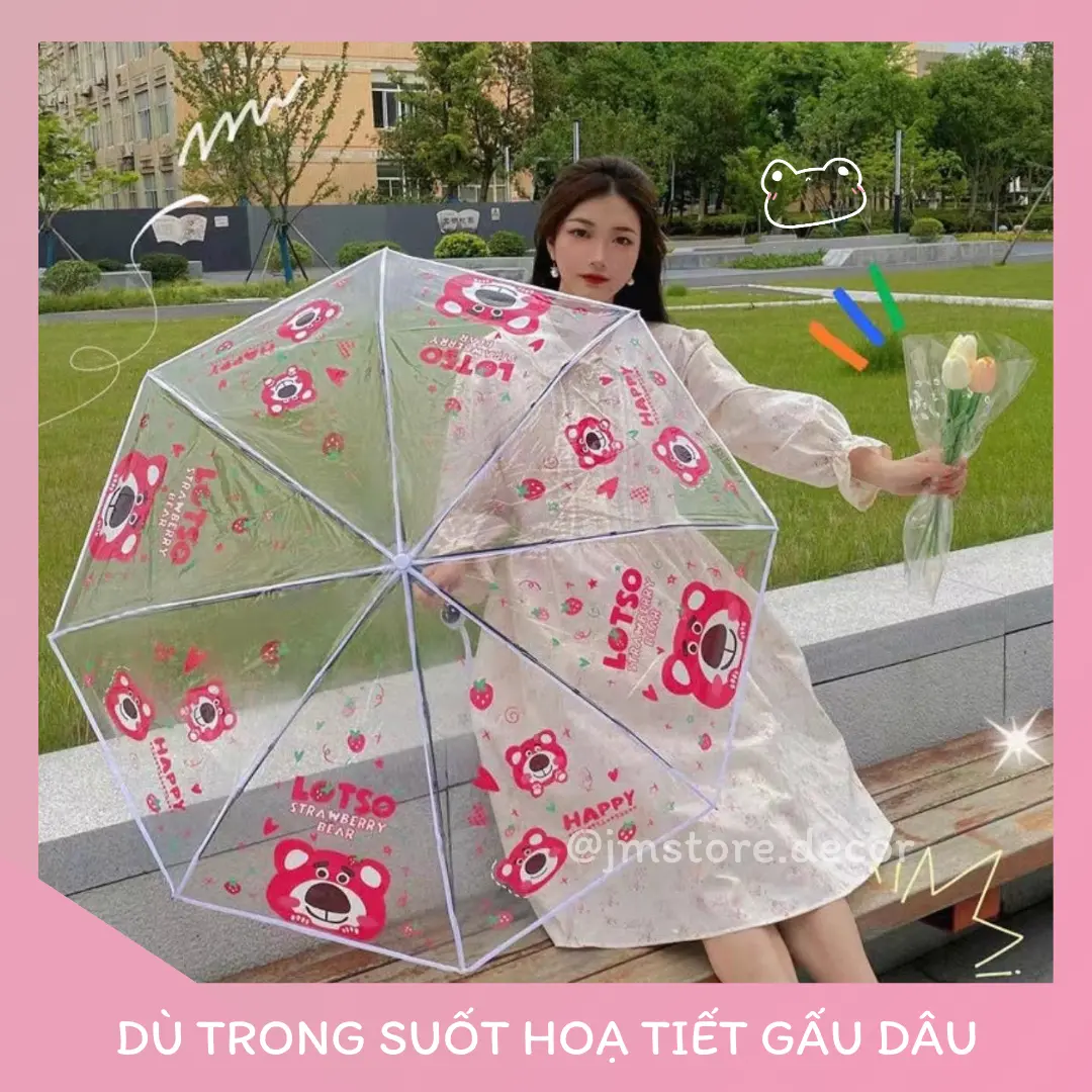 Dù Trong Suốt Hoạ Tiết Gấu Dâu Xinh Xắn
