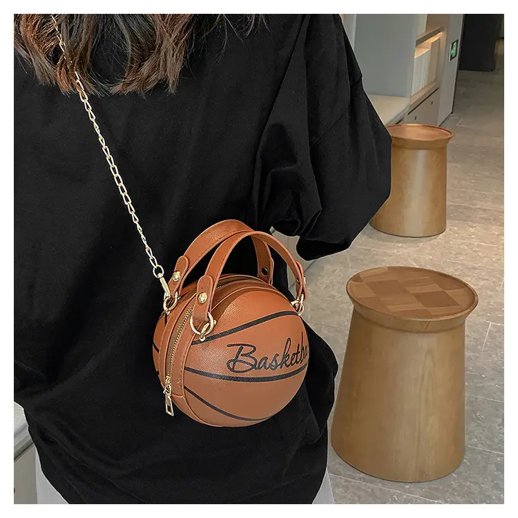 Letter chain fashion personality basketball bag female trend shoulder bag Korean simple messenger bag Korean small round bag temperament simple ladies shoulder bag