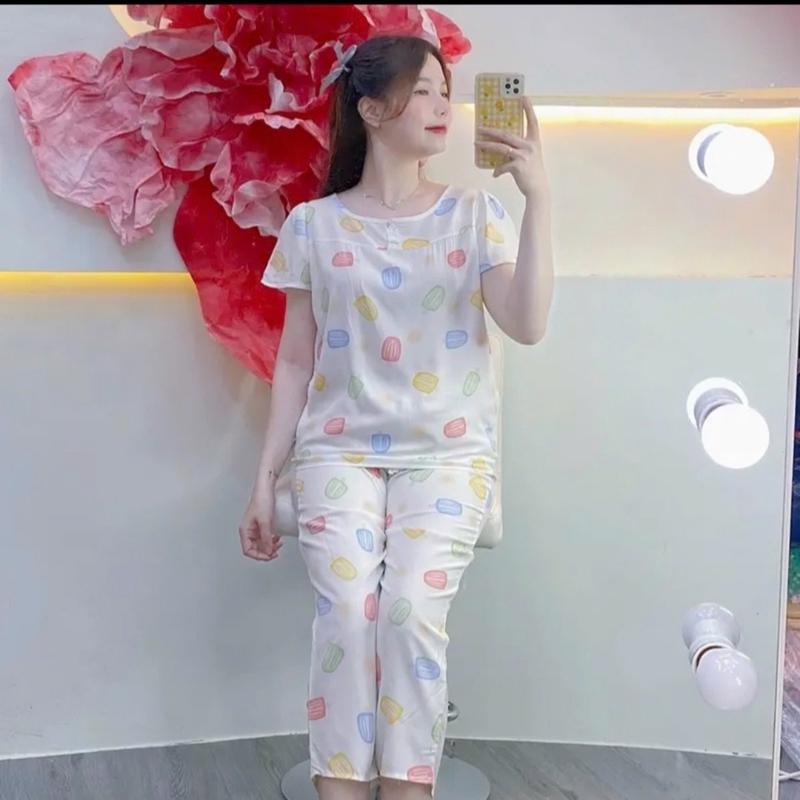 KA77 - Size 3XL (75-80kg) Đồ Bộ Tole Lanh Nữ Áo Tay Ngắn Cổ Tròn 2 Nút Quần 9 Tấc Top 2