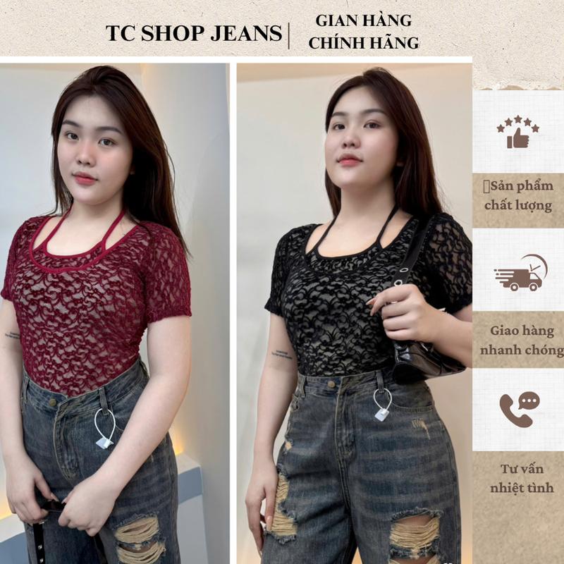 TCSHOPJEAN Áo Ren Bigsize Cổ Yếm Chất Ren Nhung Giãn Mềm Êm Màu Đỏ Đô và Đen AT 305