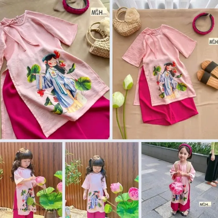 Bộ Áo dài truyền thống cho bé gái cao cấp đũi nhăn và gấm - Thương hiệu uy tín, tặng kèm bờm tóc tone suit tone - Sandal 2