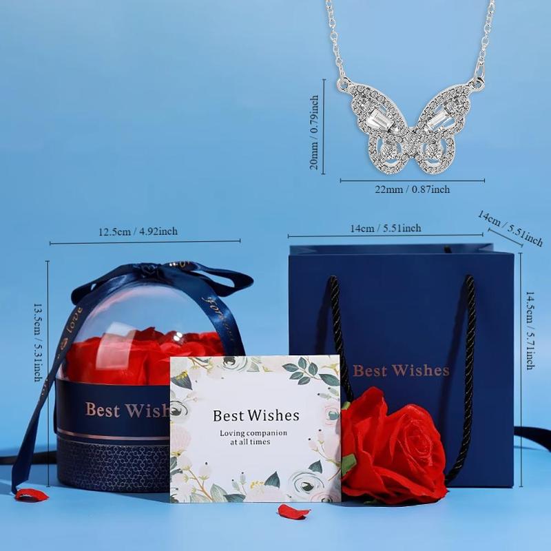 Unique Gift, 1 Count Artificial Rose & Rhinestone Butterfly Necklace Gift Set, Flower Decor Ribbon Bowknot Jewelry Box with Necklace, Spring Party Favors 7