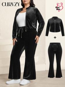 CURVZY Plus Size Two-piece Set Solid Zip Up Jacket & Elastic Waist Pants, Casual Long Sleeve Pocket Outerwear & Trousers for Daily Wear, Women's Two-piece Outfits for Spring & Fall