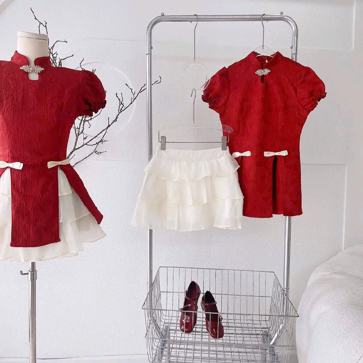 SÉT ÁO SƯỜN XÁM TẾT KÈM CHÂN VÁY VOAN TẦNG Nữ Women Dress