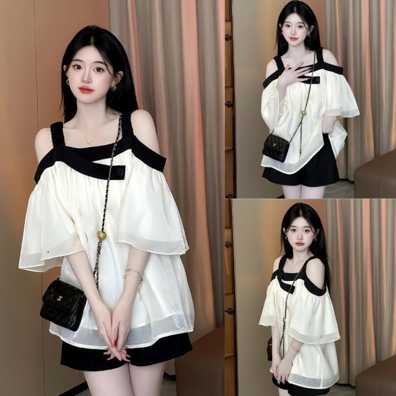 Set áo trễ vai voan tơ phối viền và quần đùi lưng chun có bản tách lẻ phong cách dễ thương - A210 Jean Nữ