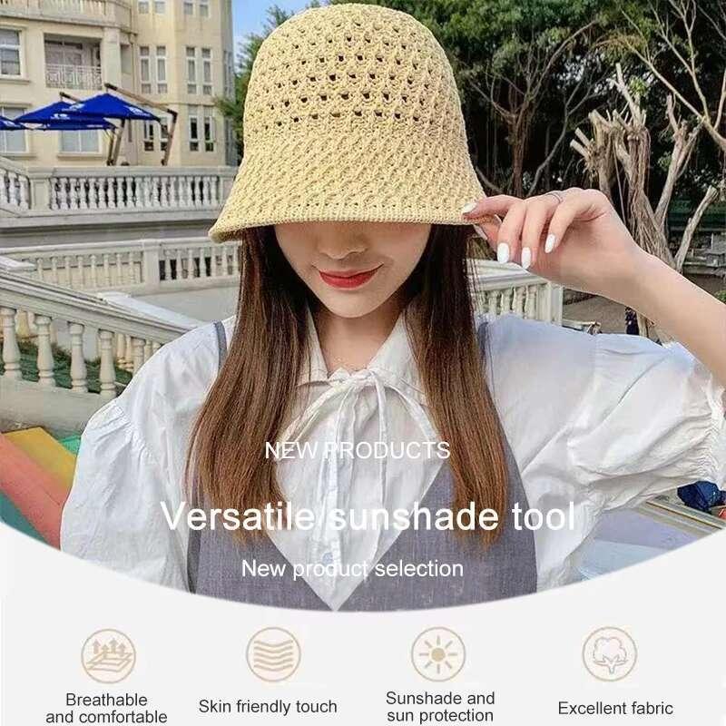 Bucket Spring Summer Hollow Knitted Hat Solid Color Sunhat Fisherman Caps Casual Foldable Beach Cap 5