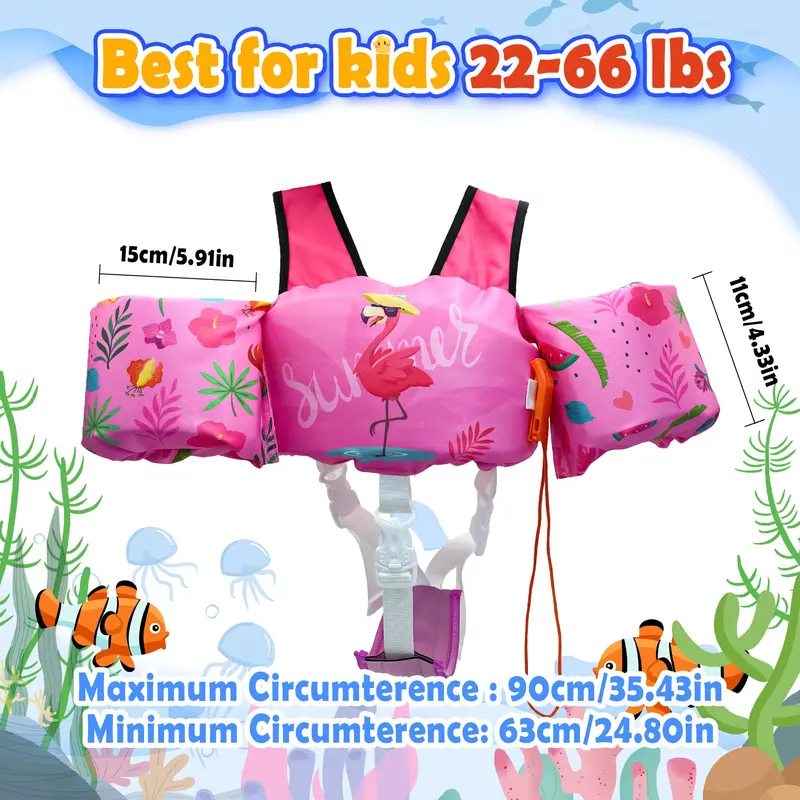 Cartoon Pattern Swim Vest, Removable Kids Swim Vest with Crotch Strap & Shoulder Harness Arm Wings, Swimming Accessories for Boys & Girls 6