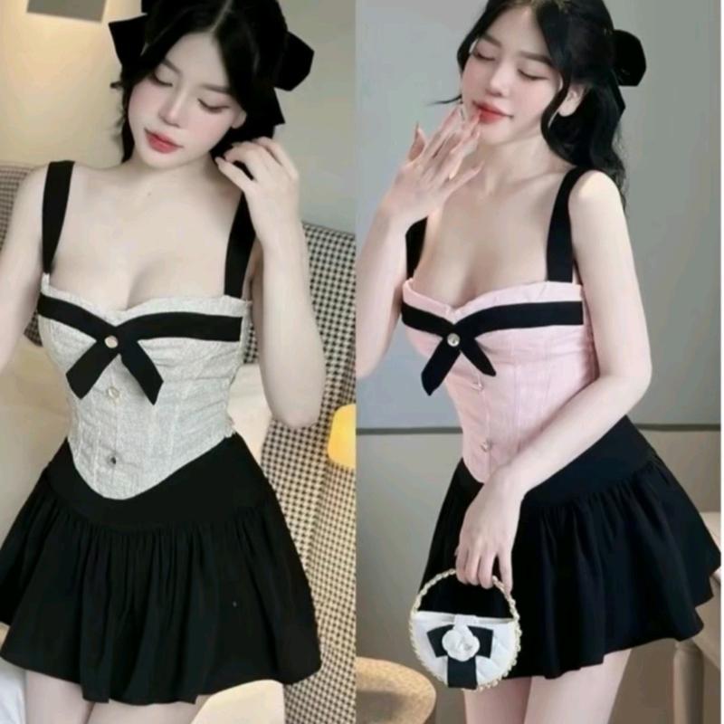 sét áo dạ cúp ngực viền nơ bo chun khóa kéo kèm chân váy xòe tiểu thư xinh xắn