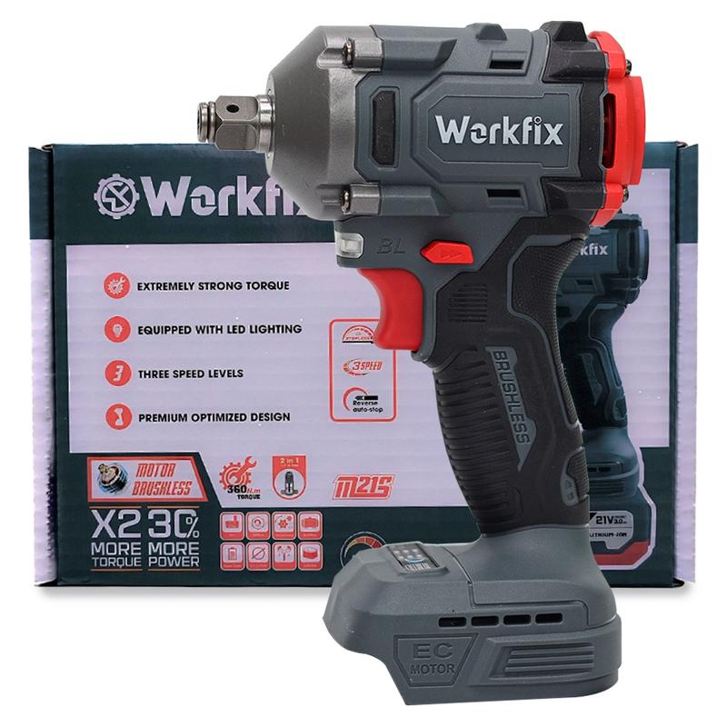 Thân Máy siết bulong WORKFIX WF-IW360N đầu 2 trong 1 Lực siết 360Nm- Chân pin thông dụng- Máy không chổi than- Có ốp inox ( KHÔNG PIN SẠC )