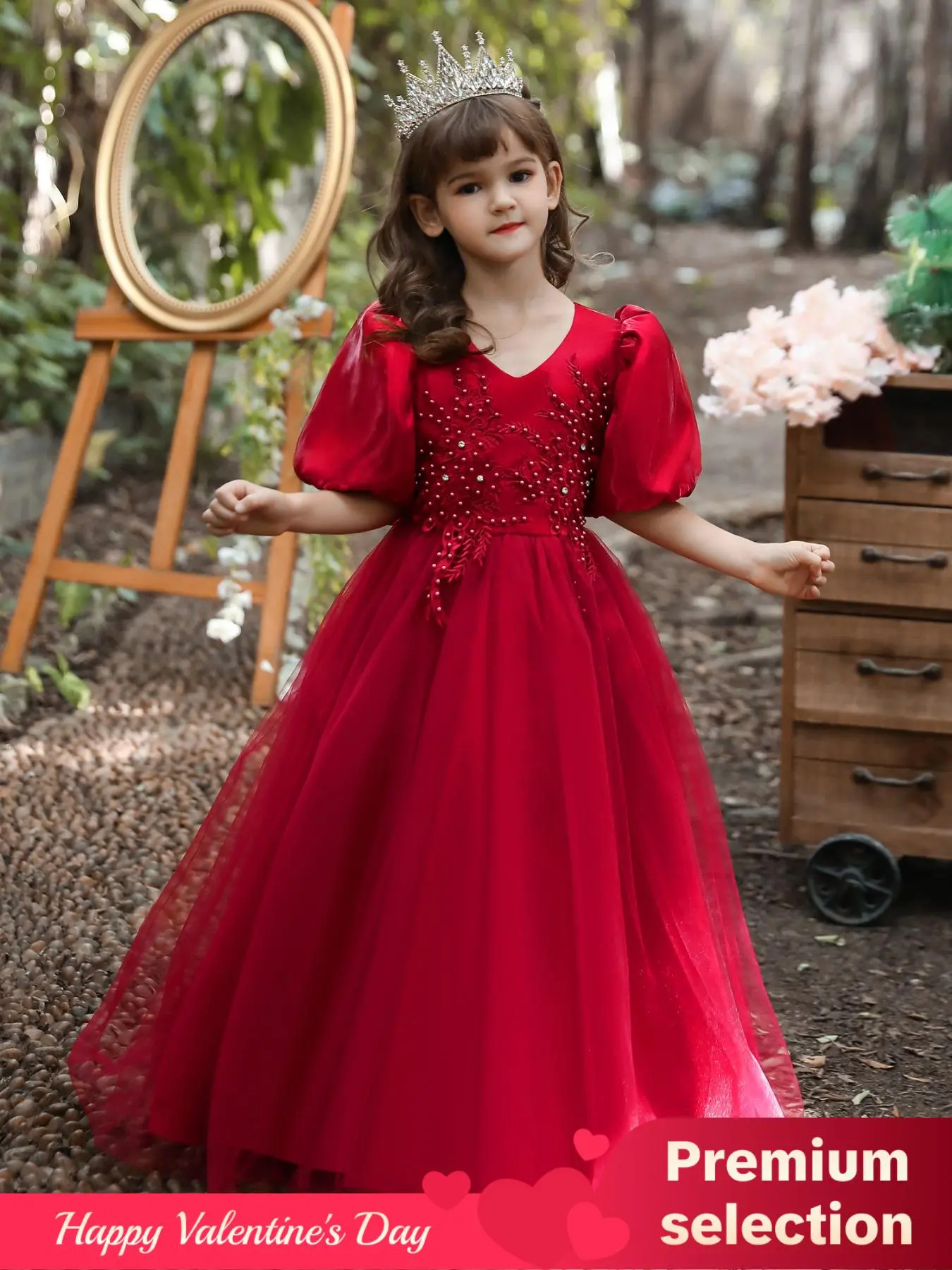 Girl's Leaf Embroidery Faux Pearls Decor Zipper Back Fit & Flare Dress, Elegant Puff Sleeve V Neck Maxi Dress for Party Performance Wedding Guest, Kids Summer Clothes Valentine's Day, gift