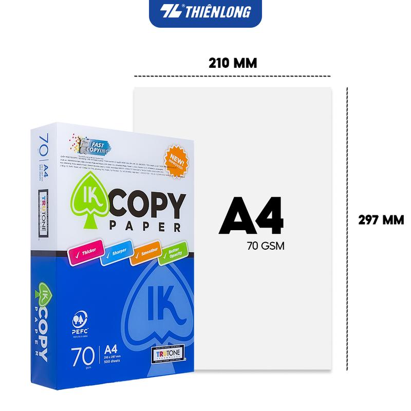 Giấy in 70 gsm 500 tờ A4 - Giấy photo IK Copy cao cấp, đều màu không gợn sóng, độ dày cao, chữ in không nhòe