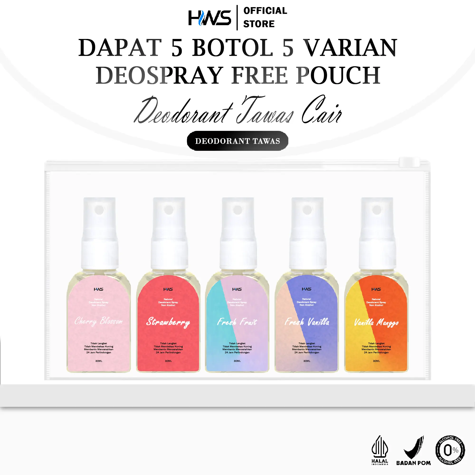 DAPAT 5 DEODORANT SPRAY 5 AROMA WANGI - CHERRY BLOSSOM/STRAWBERRY/FRESH FRUIT/FRESH VANILLA/VANILA MAGGO - 30 ML NON ALKOHOL AMPUH MENCEGAH BAU KETIAK DAN BAU BADAN AIR TAWAS