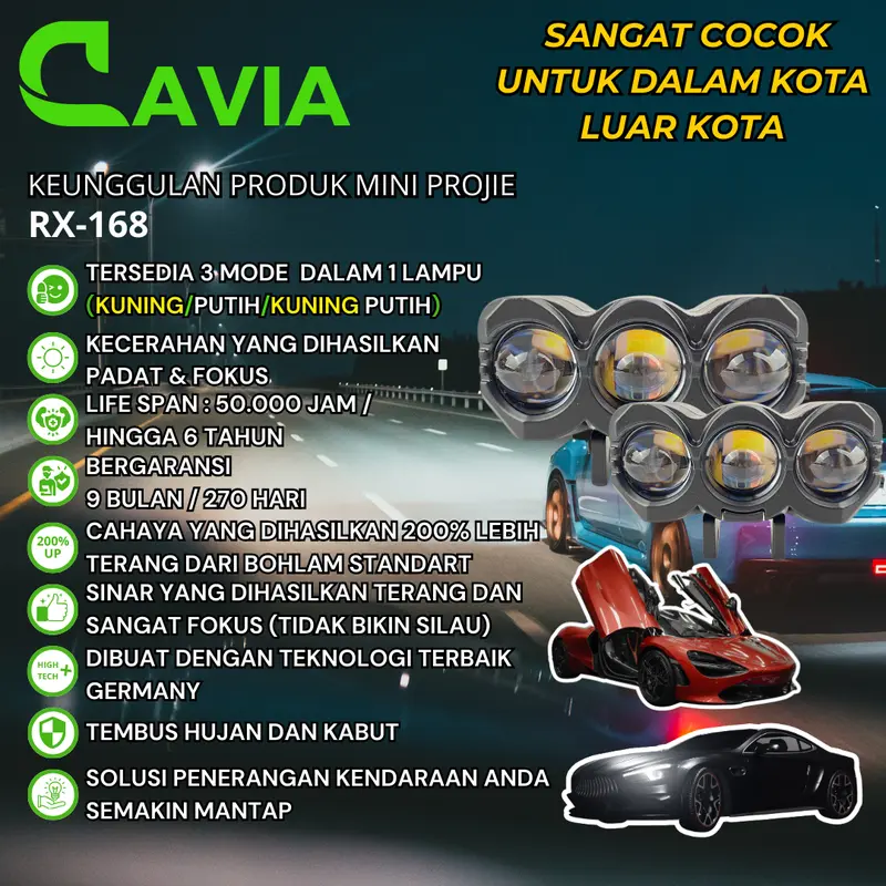 CAVIA - PREMIUM MINI PROJIE LAMPU TEMBAK LASER SOROT LED MOBIL MOTOR FOGLAMP SQL 2 MATA SQL 3 MATA WARNA KUNING PUTIH TEMBUS KABUT&HUJAN 2