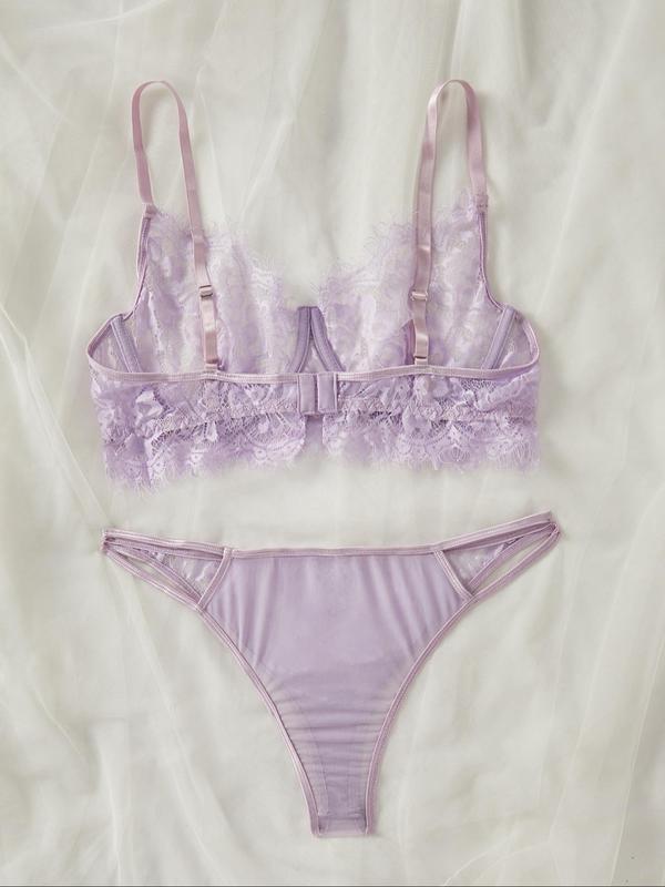 Plus Size Sheer Scallop Trim Sexy Lace Lingerie Set, Sexy Push Up Bra & Cut Out Thong Set, Women's Lingerie Set for All Seasons 1