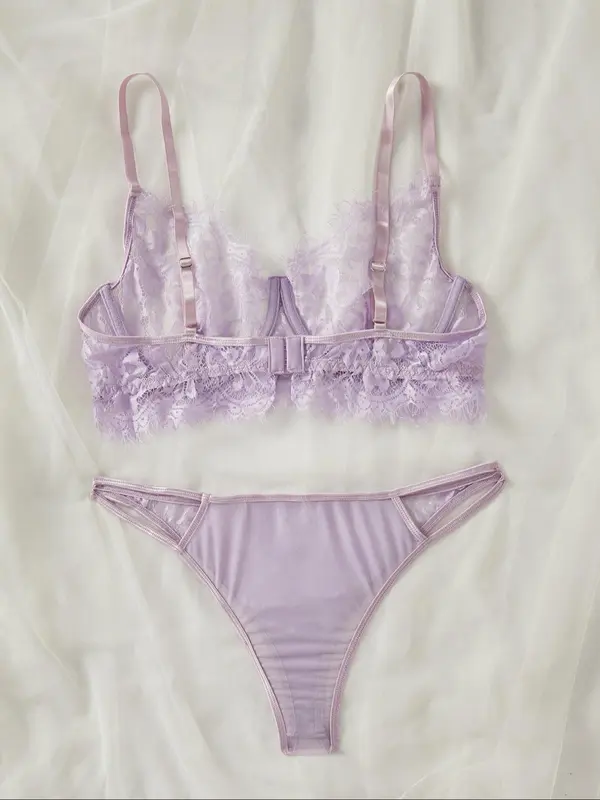 Plus Size Sheer Scallop Trim Sexy Lace Lingerie Set, Sexy Push Up Bra & Cut Out Thong Set, Women's Lingerie Set for All Seasons 1