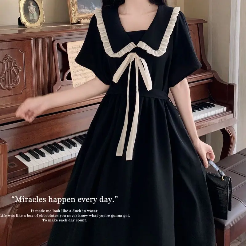 Váy Đen, Hàng Mới Về Năm 2024, Cổ Peter Pan Buộc Dây Phong Cách Preppy Nữ Váy Sữa Ngọt Ngào Váy Pháp Nhẹ Nhàng, Thích Hợp Cho Mùa Hè