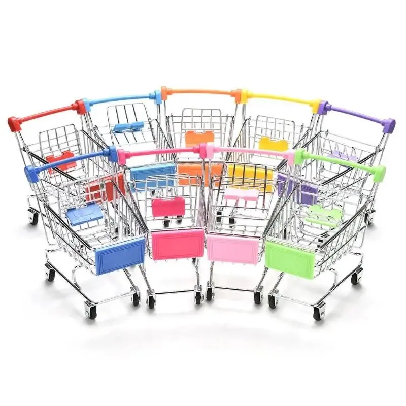 Simulation Supermarket Hand Trolleys Pretend Play Toy Mini Shopping Cart Kids Toys Kids Room Desktop Storage Basket Home Decor