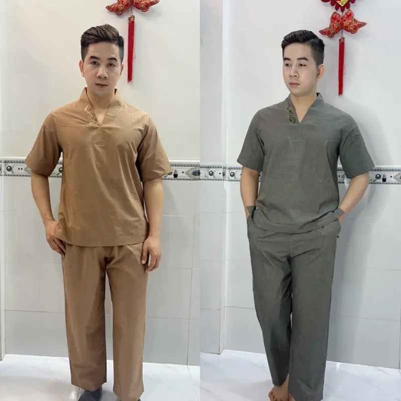 ĐỒ LAM ĐI CHÙA - MẪU NAM THIỀN THÊU Cổ- DÀNH CHO NAM Menswear Áo Cổ Tròn Sơ Mi 5