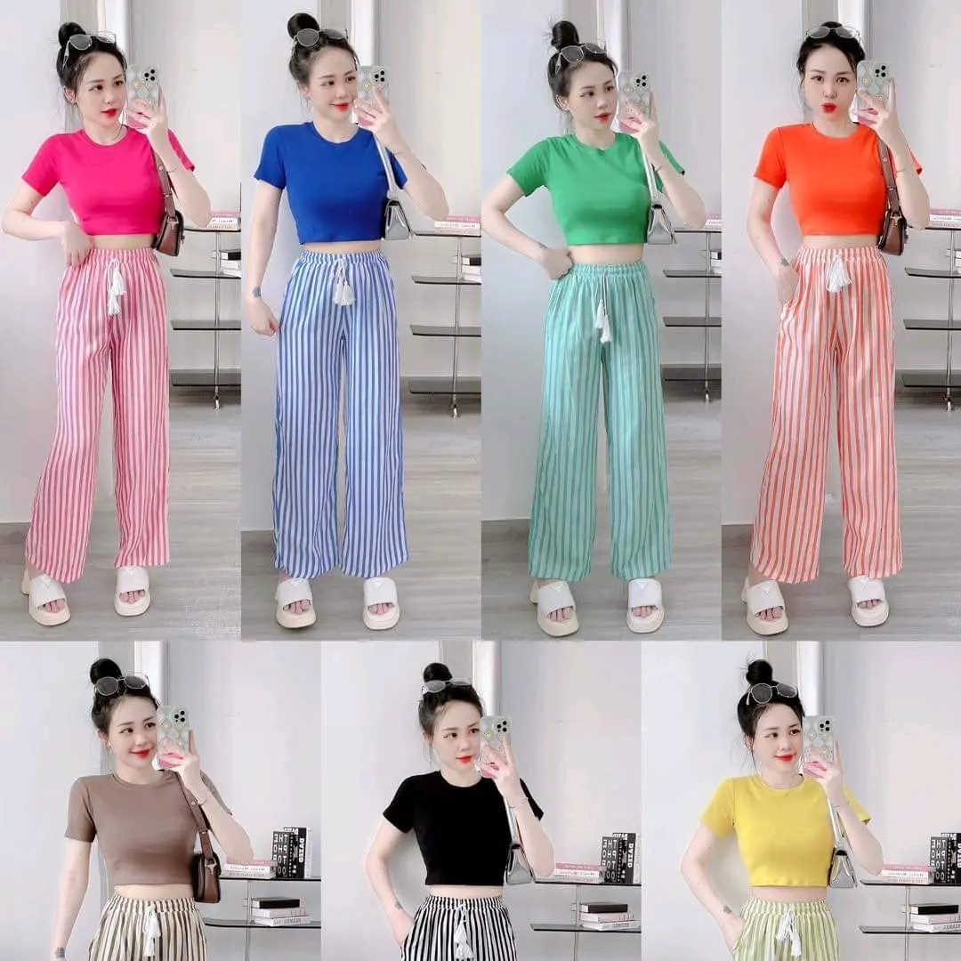 (40-55)Sét 2món Áo Croptop Cổ tròn tay Ngắn +Quần Đũi Sọc Dễ thương.