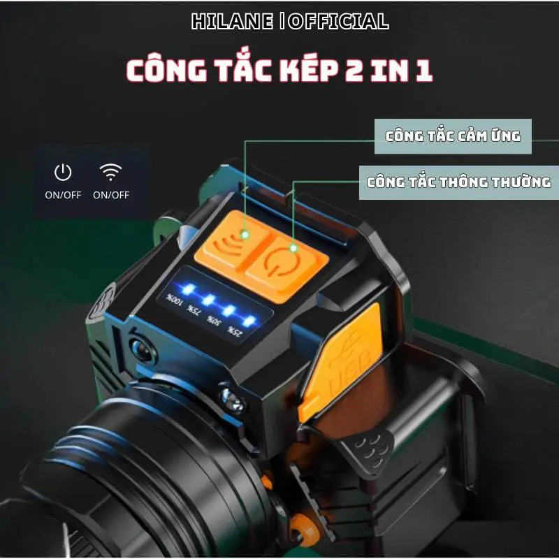 Đèn Pin Đội Đầu Hilane Vỏ Kim Loại Siêu Đẹp Kèm Dây Sạc 2