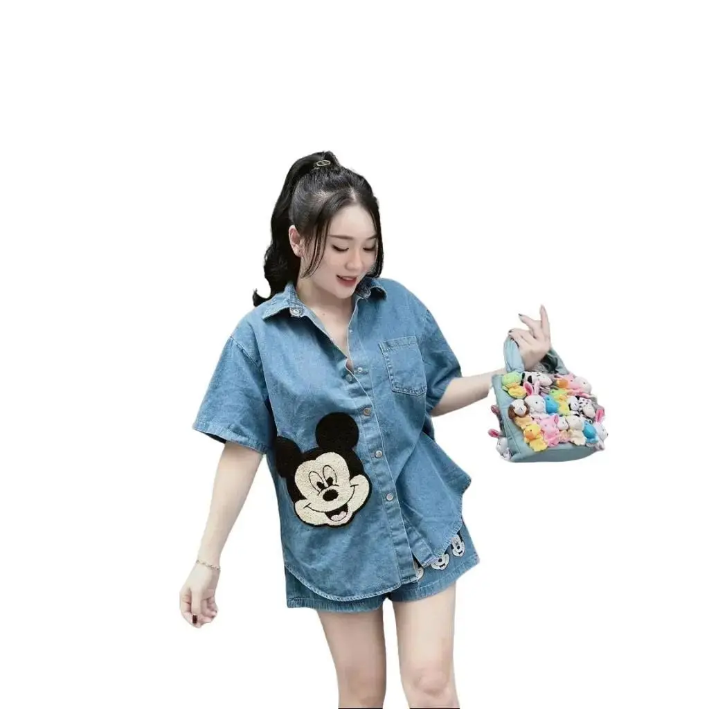 Set jean áo sơ mi cộc tay hình Mickey có túi kèm quần Xưởng May LTM-ms 104 Xưởng may Long Ty Nữ Top Women Kem Jacket Pants Polo