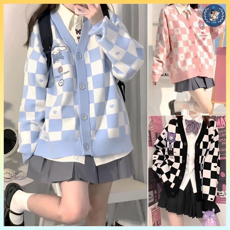 A226 Áo khoác ngoài cardigan QC len nữ KẺ CARO logo HOẠT HÌNH hàng dệt kim dễ thương vải dày dặn - L2M Top tingoan Nhung Women kuromi 【 hoa hồng