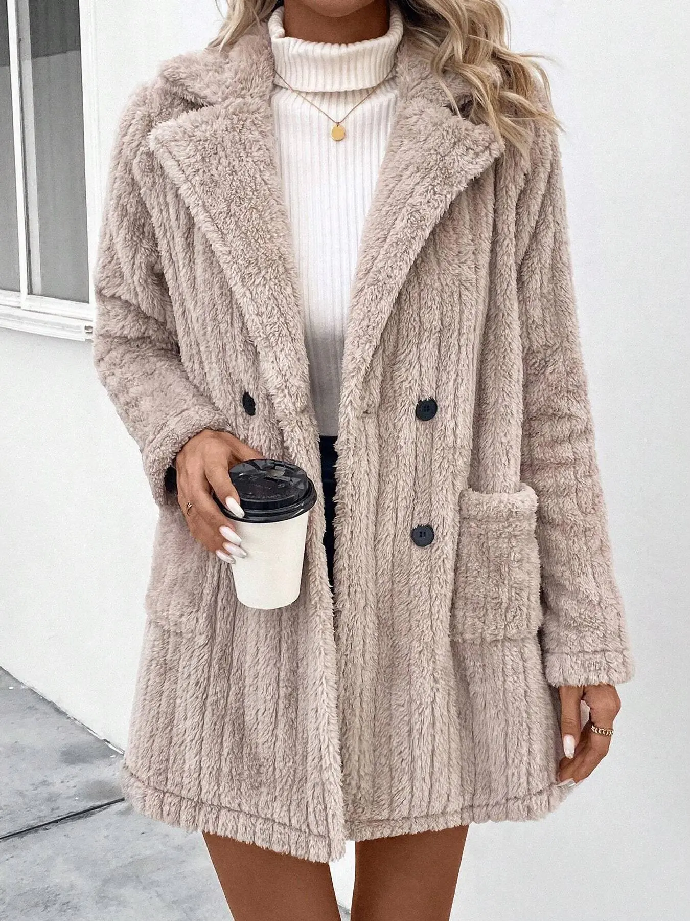 Women's Solid Color Double Button Pocket Fuzzy Coat, Casual Long Sleeve Lapel Neck Outerwear for Fall & Winter, Women's Clothing for Daily Wear