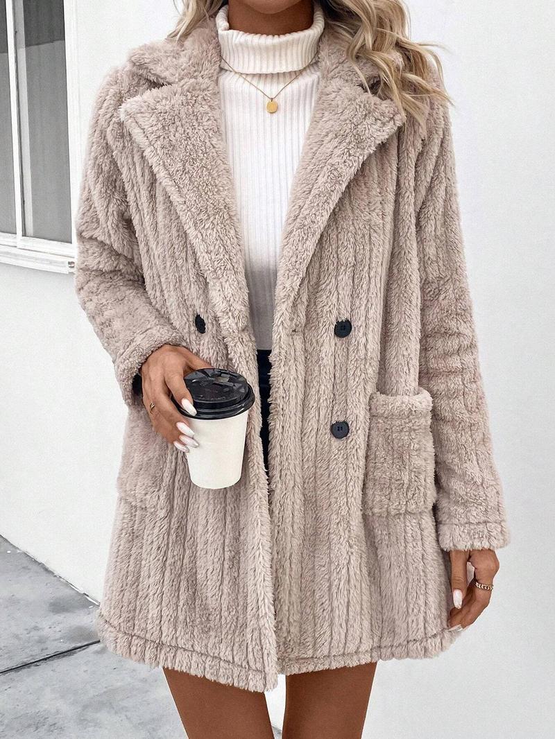 Product Introduction of Women's Solid Color Double Button Pocket Fuzzy Coat, Casual Long Sleeve Lapel Neck Outerwear for Fall & Winter, Women's Clothing for Daily Wear 1