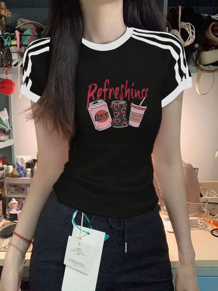 Product Introduction of American Retro Summer Three-Stripe Short Sleeve T-Shirt for Women, Regular Shoulder, Short White Internet Celebrity Top, Ins Trend 3